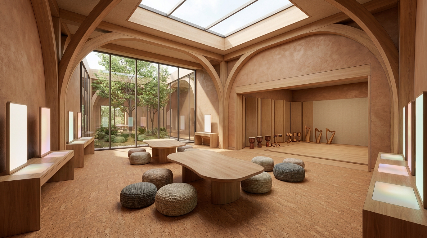 Architectural rendering of a timber-framed learning room: skylit vaulted ceiling, curved tables with woven floor cushions, reference screens along a low bench, glass wall onto a planted courtyard, and a raised alcove holding hand drums and small harps