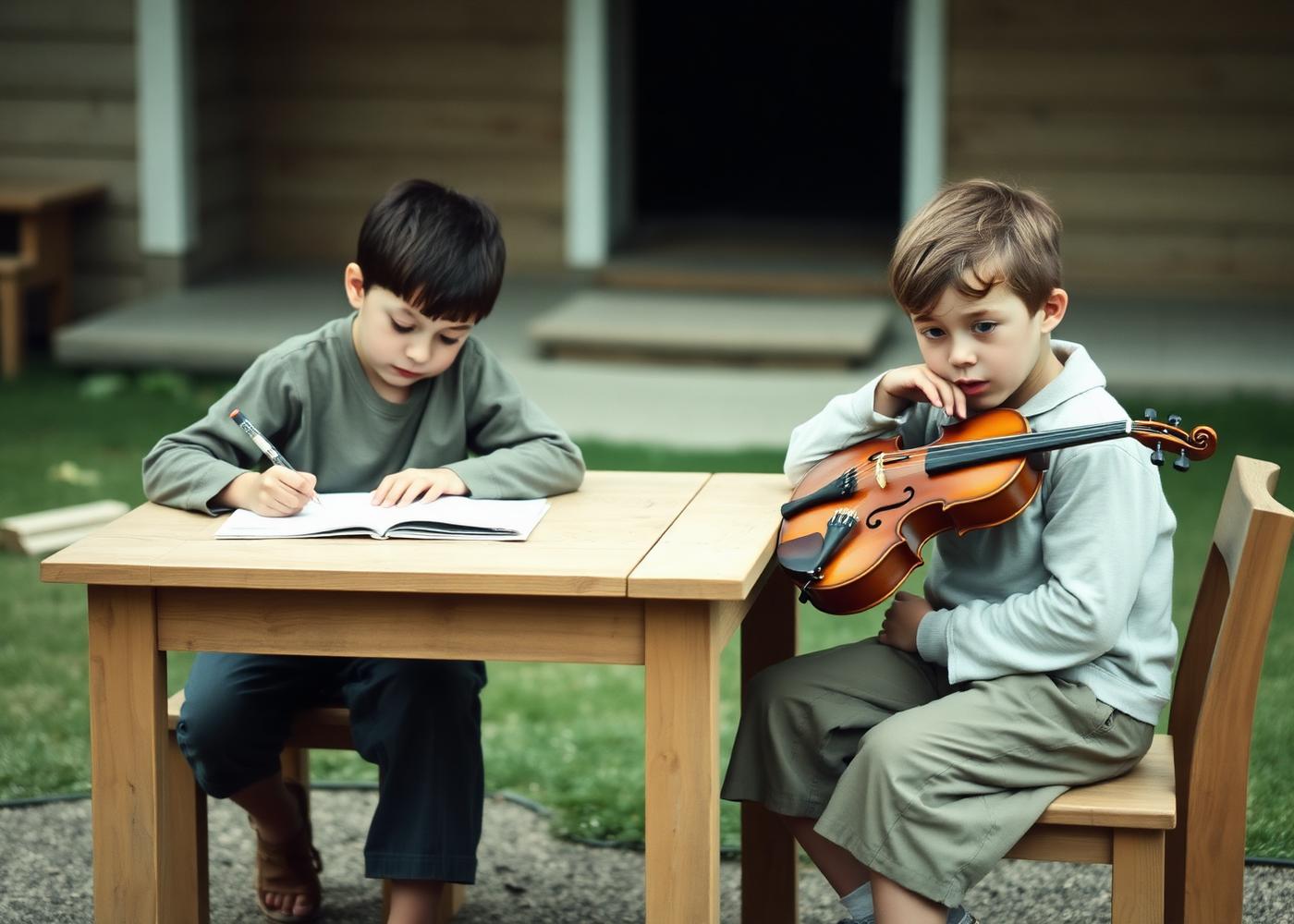 Two students working at a wooden table outdoors, one writing, one with a violin